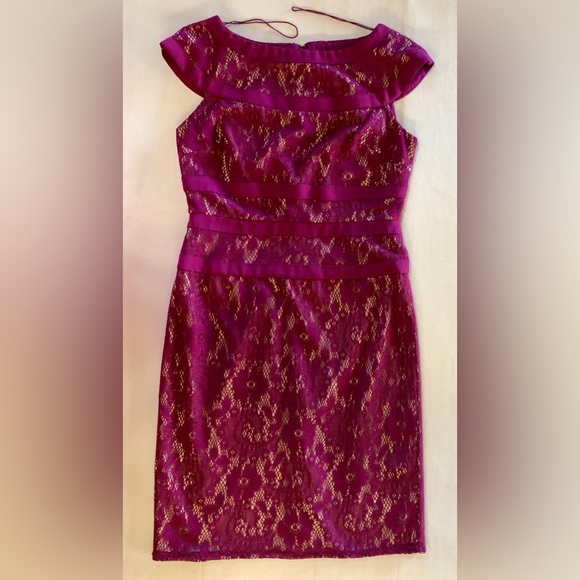 Adrianna Papell Lace Cap Sleeves Maroon Sheath Dress Midi (6) - Picture 15 of 17